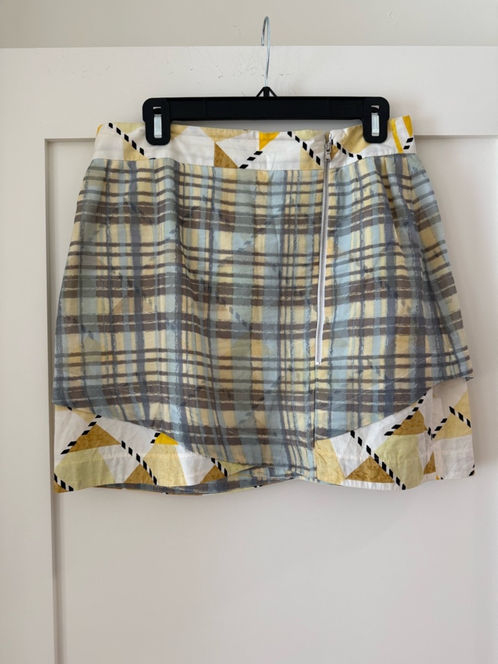 Suno Plaid Mini Skirt with Geometric Trim - Yellow & Gray Sz L
